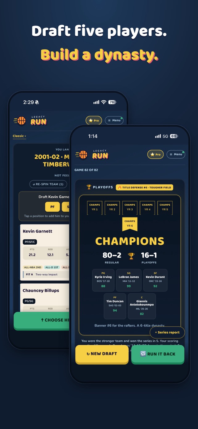 App Store screenshot: Draft five players. Build a dynasty. It shows a draft screen and a champions screen.