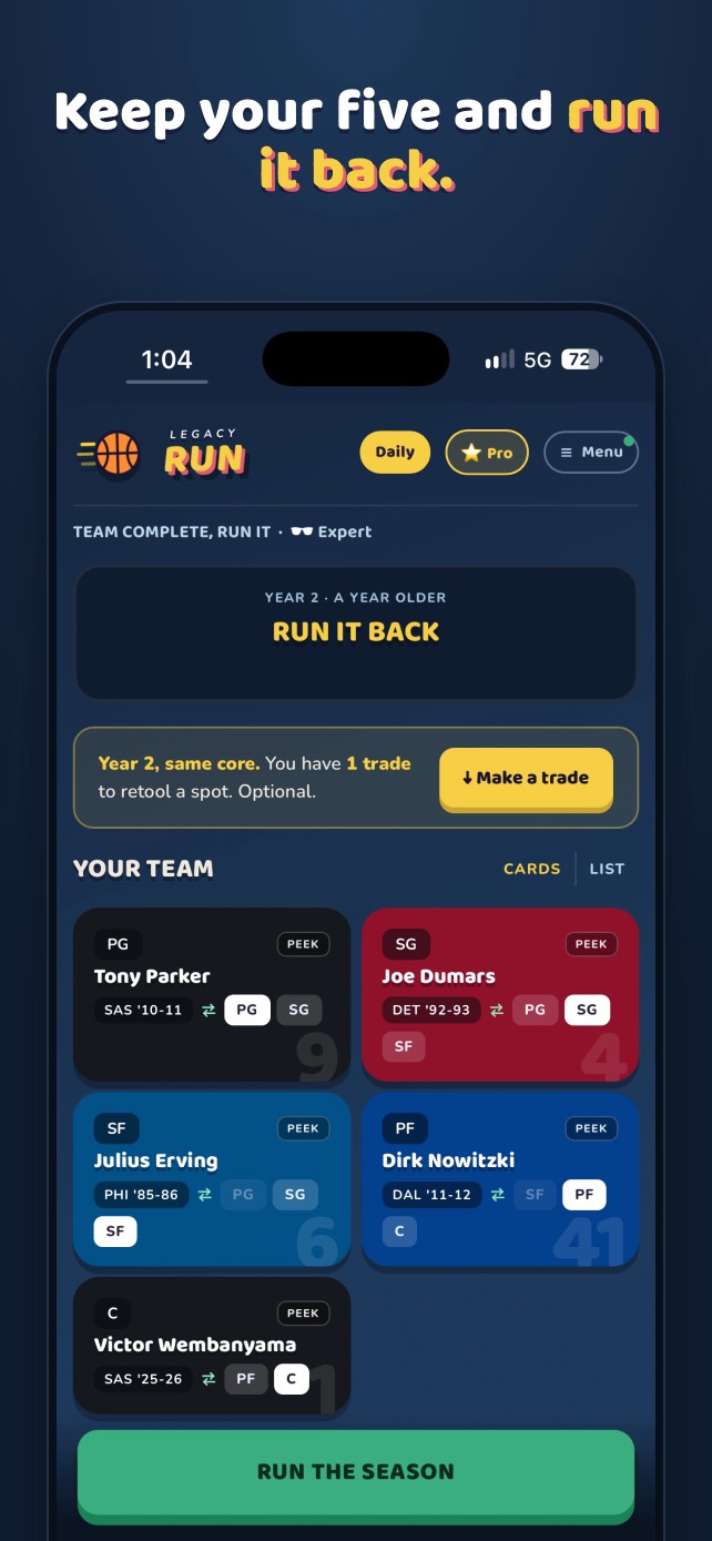 App Store screenshot: Keep your five and run it back. It shows the Run It Back screen with Tony Parker, Joe Dumars, Julius Erving, Dirk Nowitzki and Victor Wembanyama.