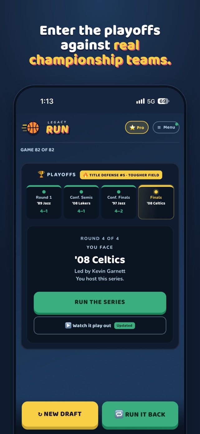App Store screenshot: Enter the playoffs against real championship teams. It shows the Finals against the 2007-08 Boston Celtics.