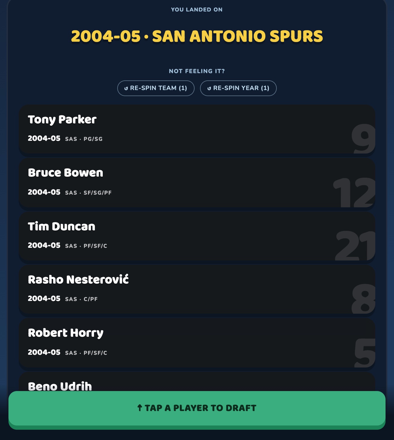 An Expert mode draft on the 2004-05 San Antonio Spurs, showing names, positions and jersey numbers without stats.