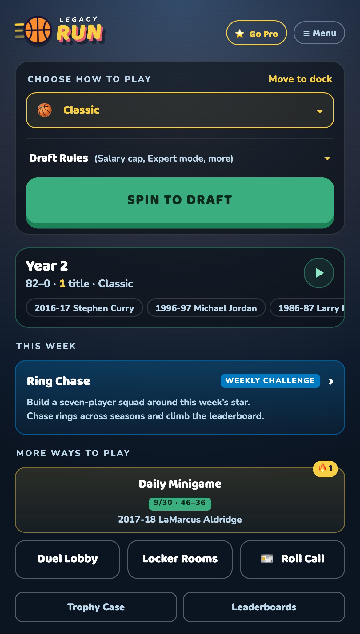 The Legacy Run home screen with a Classic dynasty in Year 2 at 82-0 with one title, the Ring Chase card and a finished Daily Minigame.