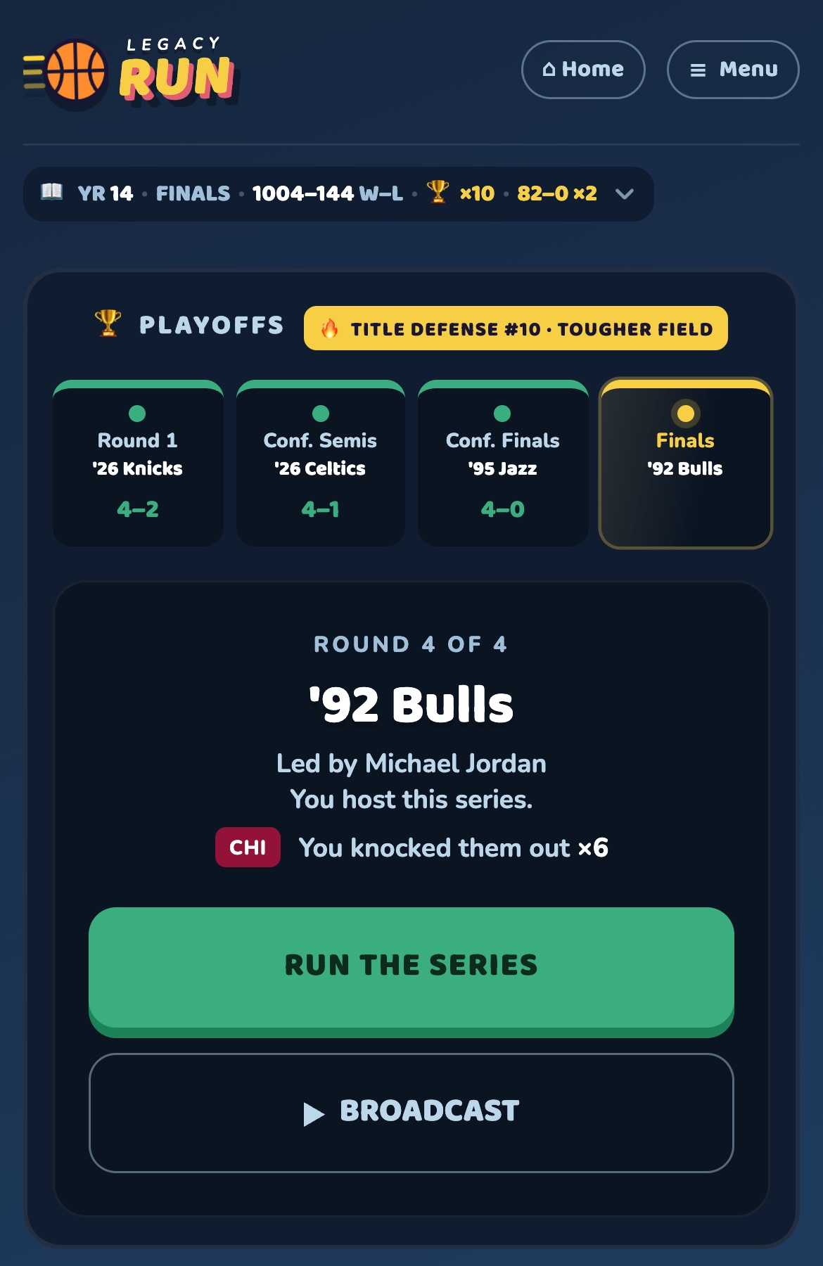 The playoff bracket in Year 14 of a dynasty, with three series won and the Finals against the 1991-92 Bulls, led by Michael Jordan.